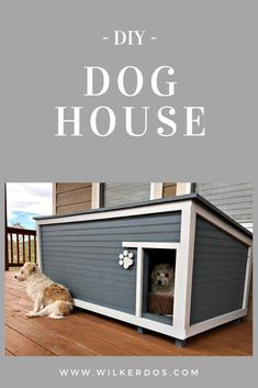 a dog house that is made out of wood with the words diy dog house on it
