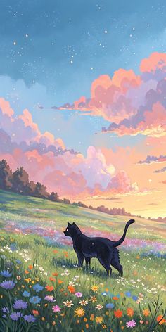 two black cats standing in a field with flowers under a sky full of pink and blue clouds