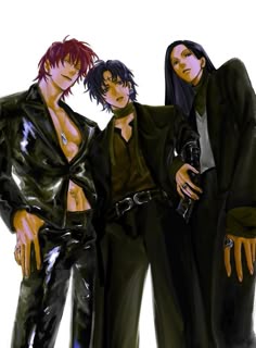 three young men standing next to each other wearing black clothing and holding hands on their hips
