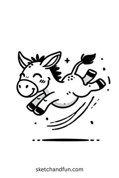 a black and white drawing of a horse flying through the air with its mouth open
