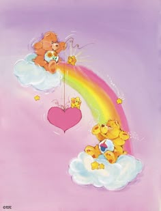 two teddy bears sitting on clouds with a rainbow and heart in the sky behind them