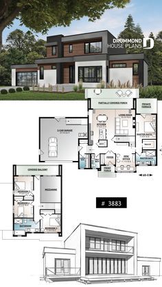 two story house plan with three levels and an open floor plan for the second level