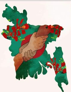 two hands are holding each other in the shape of a map with red and green flowers