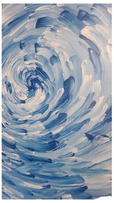 an abstract painting with blue and white swirls in the center, on a canvas