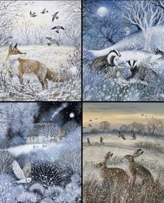 four pictures of animals in the snow with trees and birds flying above them, one is looking