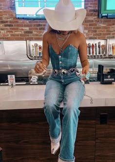 Denim Rodeo Outfit, Denim Rodeo Outfits For Women, Denim Rodeo Outfit Women, All Denim Cowgirl Outfit, Denim On Denim Rodeo Outfit, Denim Country Concert Outfit, Western Corset Outfit, Corset Rodeo Outfit, Denim On Denim Cowgirl Outfit
