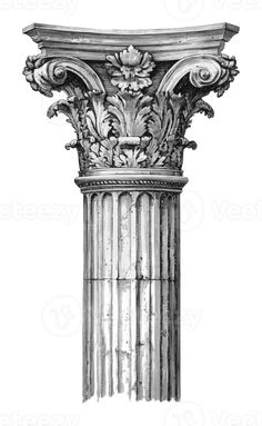 an antique drawing of a column with flowers and leaves on the top, vintage line drawing or engraving