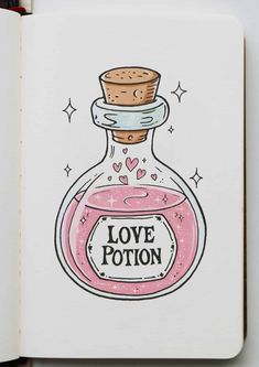 an open notebook with a drawing of a bottle filled with love and the words love potter on