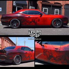 the side view of a red car painted with black and white paint, in front of a brick building