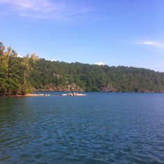 a lake surrounded by trees on a sunny day