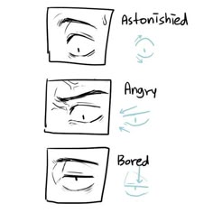 three different stages of drawing the eyes and eyebrows with marker pens on a whiteboard