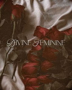 two red roses laying on top of a white sheet with the words divine feminine above them
