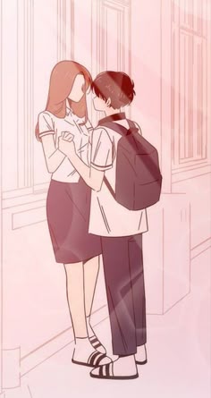 two people standing next to each other with their arms around each other and looking into the distance