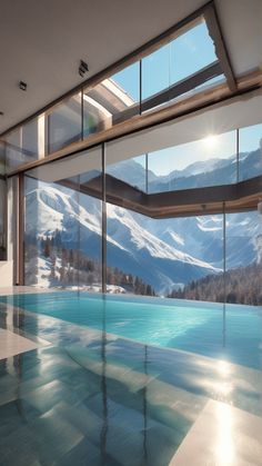 an indoor swimming pool with mountains in the background and sun shining through glass windows on both sides