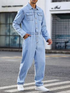 Manfinity Homme Men Flap Pocket Denim Jumpsuit | SHEIN USA Casual Workwear Washed Blue Denim Jumpsuit, Blue Relaxed Fit Denim Jumpsuit For Streetwear, 70s Denim Jumpsuit Mens, Light Blue Jumpsuit Men, Denim Jumpsuit Outfit Men, Denim Coveralls Mens, Jumpsuits For Men Street Styles, Stylish Denim Jumpsuit For Men, Mens Denim Jumpsuit