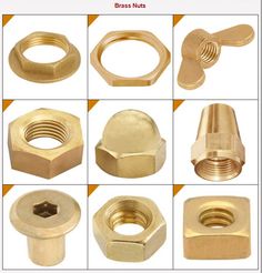 various types of nuts and bolts are shown in this image with the words brass nuts written below them