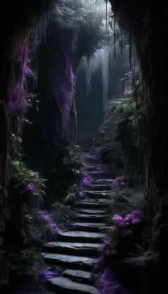 the stairs lead up to an underground cave with purple moss growing on it's walls