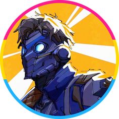 a stylized image of a robot in front of a sunburst with blue eyes