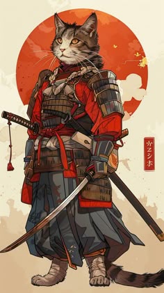 a cat is dressed up as a samurai in front of the sun with two swords