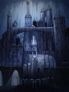 an animated image of a castle in the rain with ghost like figures standing outside it