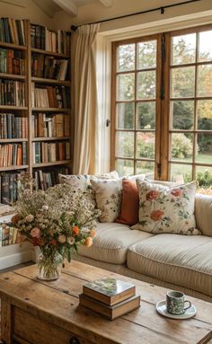 a living room filled with lots of furniture and bookshelves next to a window