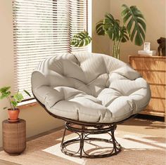 a chair that is sitting in the middle of a room with a potted plant next to it