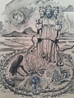 a drawing of two people in front of a fire and water scene with the moon above them