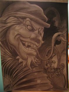My pencil drawing of Insane Clown Posse Jacob Marley Tattoo, Captain Hook Tattoo Ideas, The Pagemaster Tattoo, Pagemaster Tattoo, Leprechaun In The Hood Drawing, Hook Movie Tattoo Ideas, Leprechaun In The Hood Tattoo, Jacob Marley Disney, The Leprechaun Tattoo
