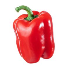 a red pepper with a green stalk on it's end, against a white background