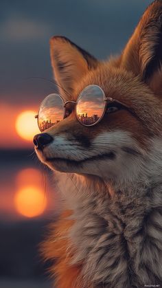 Close up iPhone wallpaper of a Cool Fox smirking with mirrored shades reflecting a sunset skyline, sharp focus.