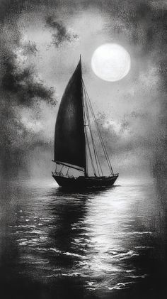 a black and white photo of a sailboat in the ocean at night with a full moon