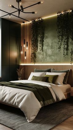 a large bed sitting in a bedroom next to a wall with plants growing on it