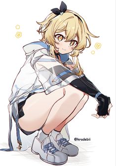 an anime character kneeling down with her legs crossed