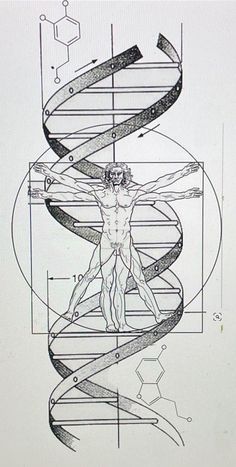 a drawing of a man standing in front of a spiral - shaped structure with lines