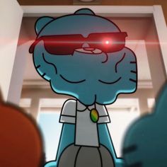 a cartoon character wearing sunglasses and standing in front of an open door with red light coming from his eyes