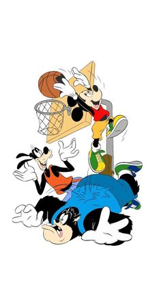 an image of mickey mouse and friends playing basketball with each other in the air on a white background