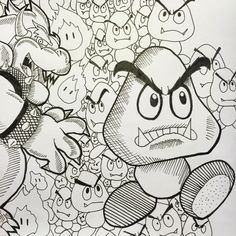 a drawing of an angry man surrounded by many other cartoon character heads and faces in black and white