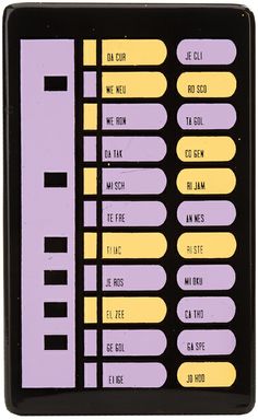 a black and yellow sticker with different types of words on it's side