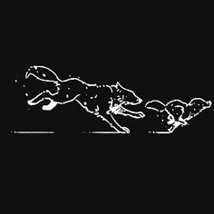 a black and white drawing of a dog chasing a frisbee in the dark