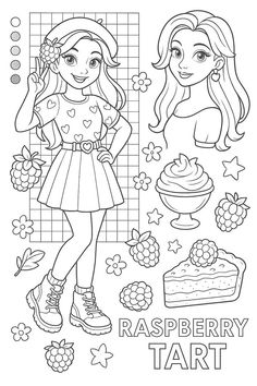 a coloring page with the words raspberry tart and two girls standing in front of a cake