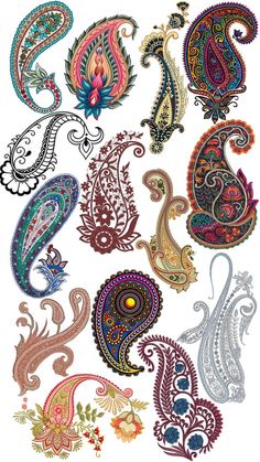 an assortment of different colored paisley designs