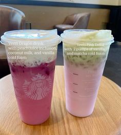 two cups with different drinks in them on a table