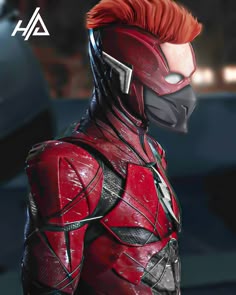 an animated character with red hair and armor