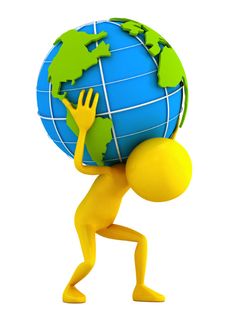 a yellow cartoon character holding up a blue and green globe on his back with both hands