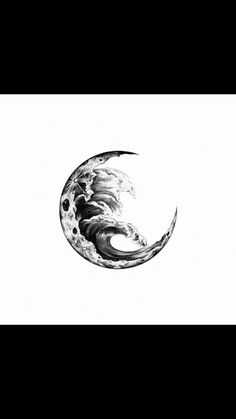 a black and white drawing of the moon with waves coming out of it's side