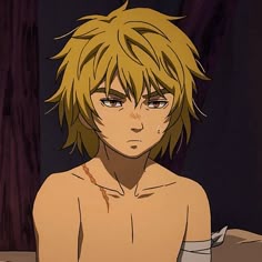 an anime character with blonde hair staring at the camera
