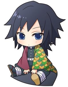 an anime character sitting on the ground with blue eyes and black hair, wearing a colorful outfit