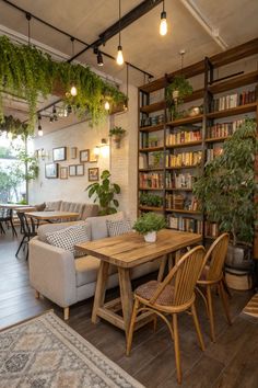 a living room filled with furniture and lots of greenery on the shelves above it