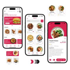 three smartphones displaying different food items on the screen and in front of them are screens with images of various foods