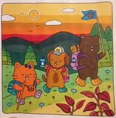 an image of children's artwork with bears and cats in the woods at sunset